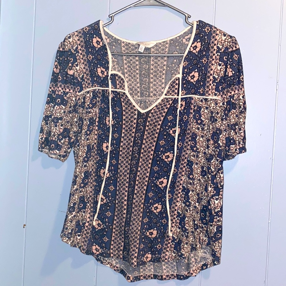 Blue and pink, floral print, v neck, short sleeved shirt